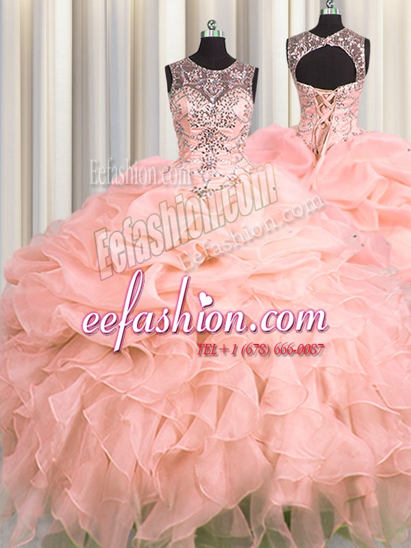 Custom Designed Scoop See Through Organza Sleeveless Floor Length Quinceanera Gowns and Beading and Ruffles and Pick Ups