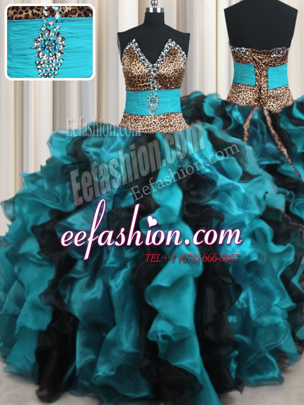 Flare Leopard Two Tone Multi-color Lace Up V-neck Beading and Ruffles 15 Quinceanera Dress Organza Sleeveless