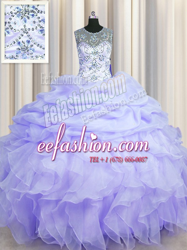 Latest See Through Scoop Sleeveless Quince Ball Gowns Floor Length Beading and Ruffles and Pick Ups Lavender Organza