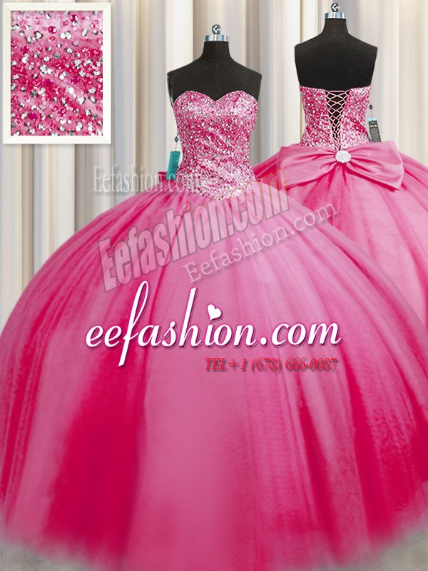 Great Big Puffy Beading Quinceanera Gowns Rose Pink Lace Up Sleeveless Floor Length