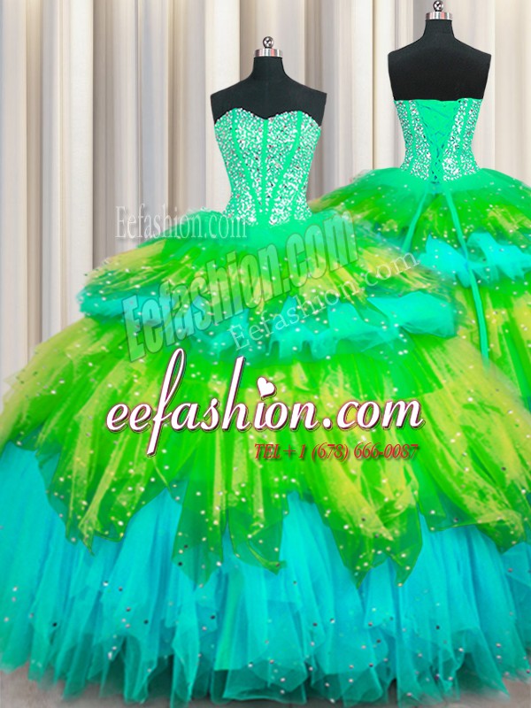 Excellent Bling-bling Visible Boning Sweetheart Sleeveless Lace Up 15th Birthday Dress Multi-color Tulle