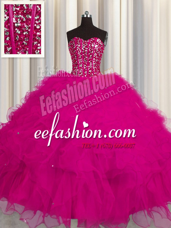  Visible Boning Fuchsia Ball Gowns Tulle Sweetheart Sleeveless Beading and Ruffles and Sequins Floor Length Lace Up 15th Birthday Dress