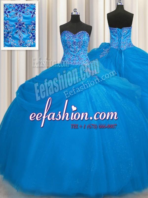  Really Puffy Blue Ball Gowns Beading 15th Birthday Dress Lace Up Tulle Sleeveless Floor Length