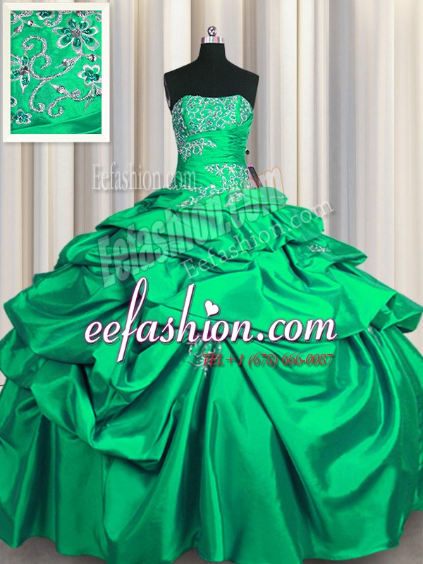 New Arrival Turquoise Sleeveless Floor Length Appliques and Pick Ups Lace Up Vestidos de Quinceanera