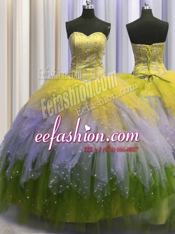Visible Boning Multi-color Ball Gowns Tulle Sweetheart Sleeveless Beading and Ruffles and Sequins Floor Length Lace Up Quinceanera Gowns