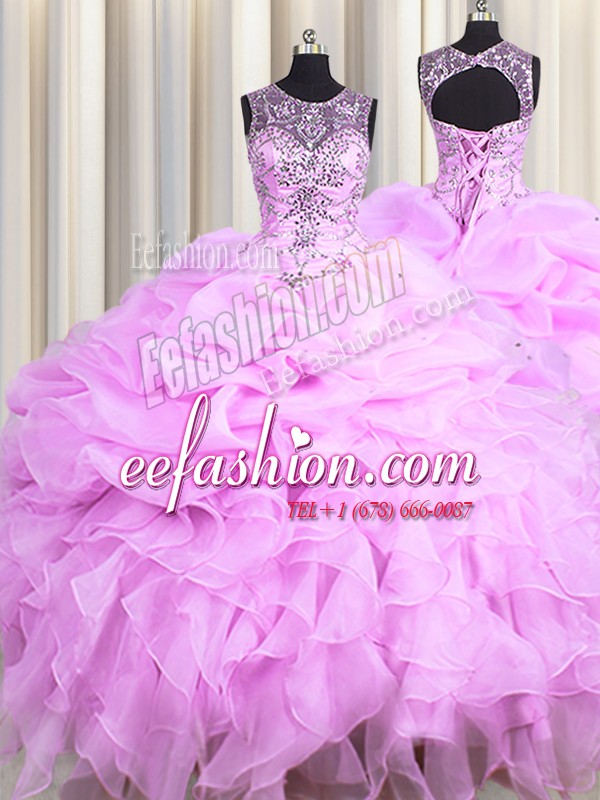 Exceptional Scoop See Through Lilac Organza Lace Up 15th Birthday Dress Sleeveless Floor Length Beading and Ruffles and Pick Ups