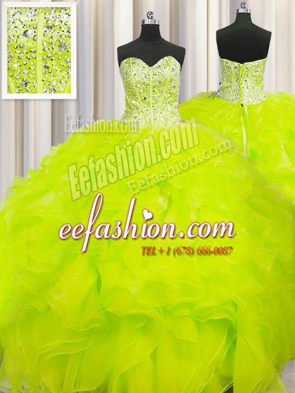  Visible Boning Beaded Bodice Yellow Sleeveless Organza Lace Up Sweet 16 Quinceanera Dress for Military Ball and Sweet 16 and Quinceanera