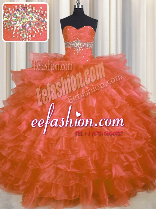 Graceful Orange Red Quinceanera Dresses Military Ball and Sweet 16 and Quinceanera and For with Beading and Ruffled Layers Sweetheart Sleeveless Lace Up