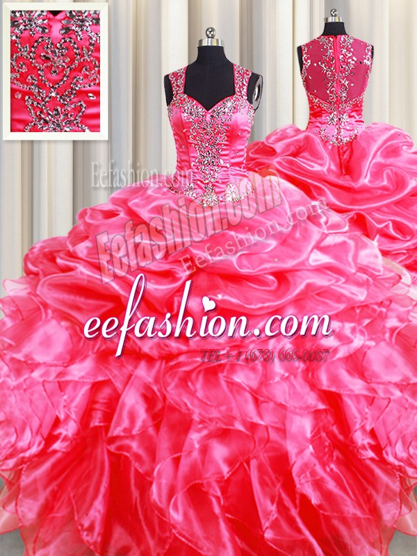 Pretty Pick Ups Zipper Up See Through Back Hot Pink Sleeveless Organza Zipper Quinceanera Gowns for Military Ball and Sweet 16 and Quinceanera