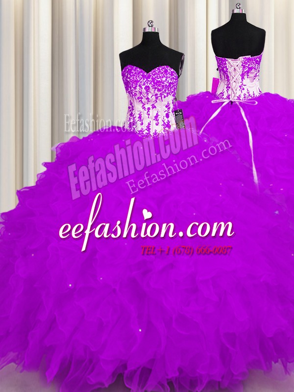 Extravagant Purple Ball Gowns Organza Sweetheart Sleeveless Appliques and Ruffles Floor Length Lace Up Quinceanera Gowns