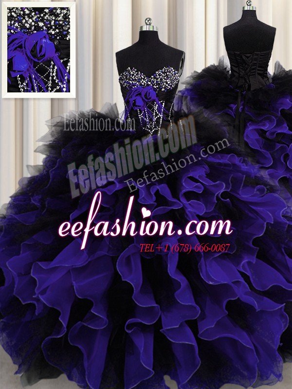  Black And Purple Ball Gowns Organza and Tulle Sweetheart Sleeveless Beading and Ruffles Floor Length Lace Up Ball Gown Prom Dress