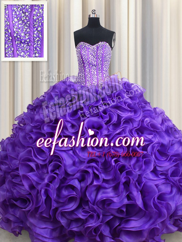  Visible Boning Floor Length Lace Up Vestidos de Quinceanera Purple for Military Ball and Sweet 16 and Quinceanera with Beading and Ruffles