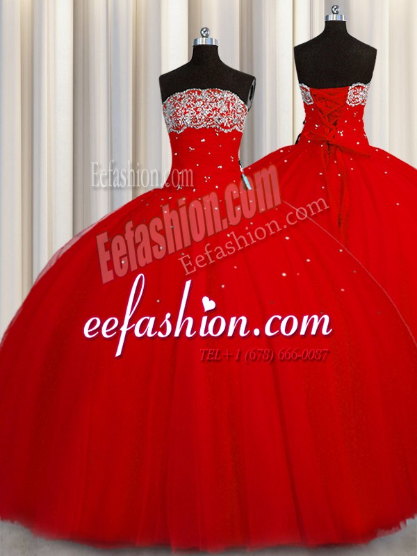  Puffy Skirt Floor Length Red Quinceanera Gown Organza Sleeveless Beading and Sequins