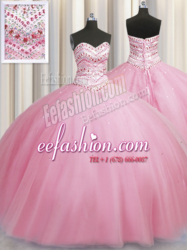 Dazzling Bling-bling Big Puffy Rose Pink Tulle Lace Up Sweetheart Sleeveless Floor Length Quince Ball Gowns Beading