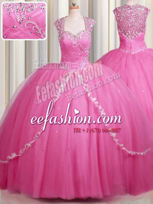 Fine Zipper Up Cap Sleeves Brush Train Beading and Appliques Zipper Quince Ball Gowns