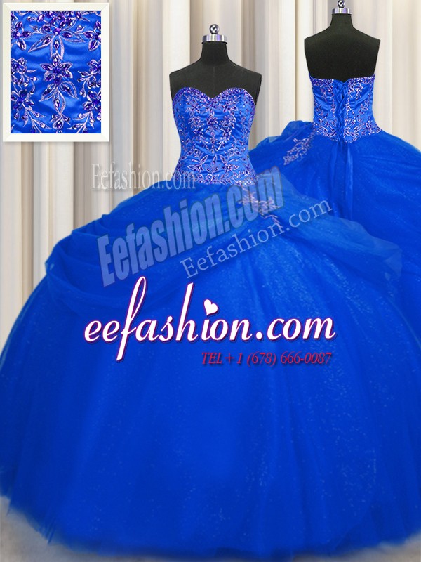 Most Popular Big Puffy Royal Blue Ball Gowns Sweetheart Sleeveless Tulle Floor Length Lace Up Beading 15th Birthday Dress