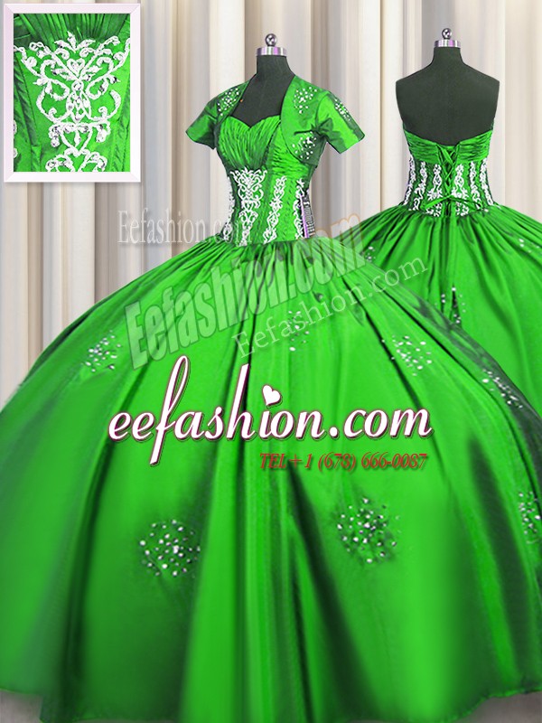 Lace Up Sweetheart Beading and Appliques and Ruching Quinceanera Gown Taffeta Short Sleeves