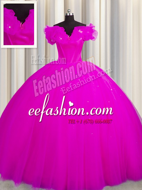  Tulle Off The Shoulder Short Sleeves Court Train Lace Up Ruching Sweet 16 Dress in Fuchsia