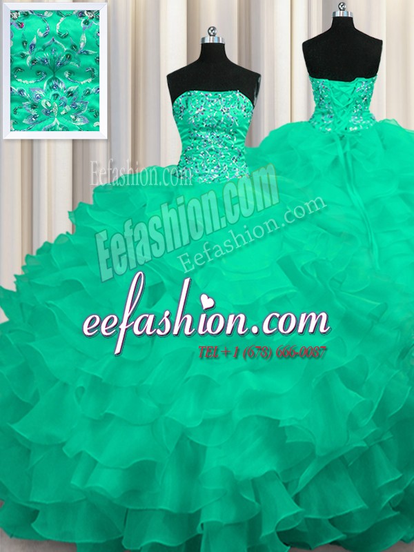 Colorful Turquoise Ball Gowns Organza Strapless Sleeveless Beading and Ruffles Lace Up Quinceanera Dress Sweep Train