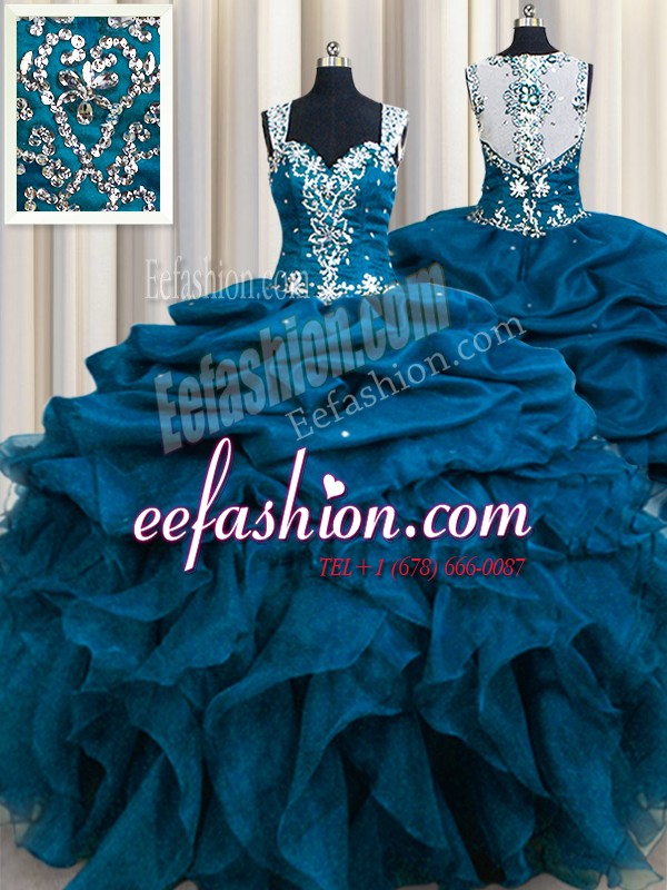 Superior Zipple Up See Through Back Teal Ball Gowns Straps Sleeveless Organza Floor Length Zipper Beading and Ruffles and Sequins and Pick Ups Sweet 16 Dresses