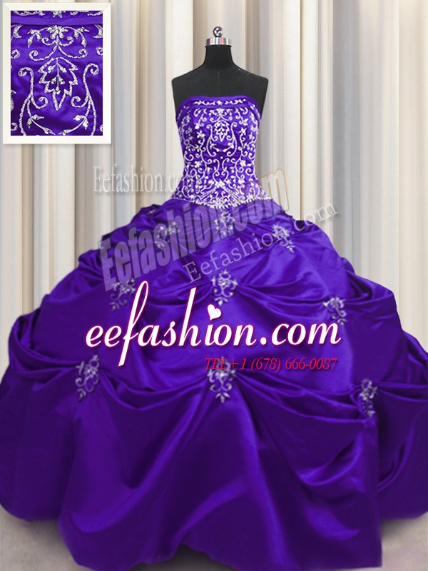  Sleeveless Floor Length Beading and Appliques and Embroidery Lace Up Ball Gown Prom Dress with Purple