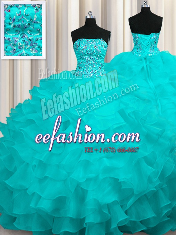 Hot Sale Strapless Sleeveless Organza Quinceanera Gowns Beading and Ruffles Sweep Train Lace Up