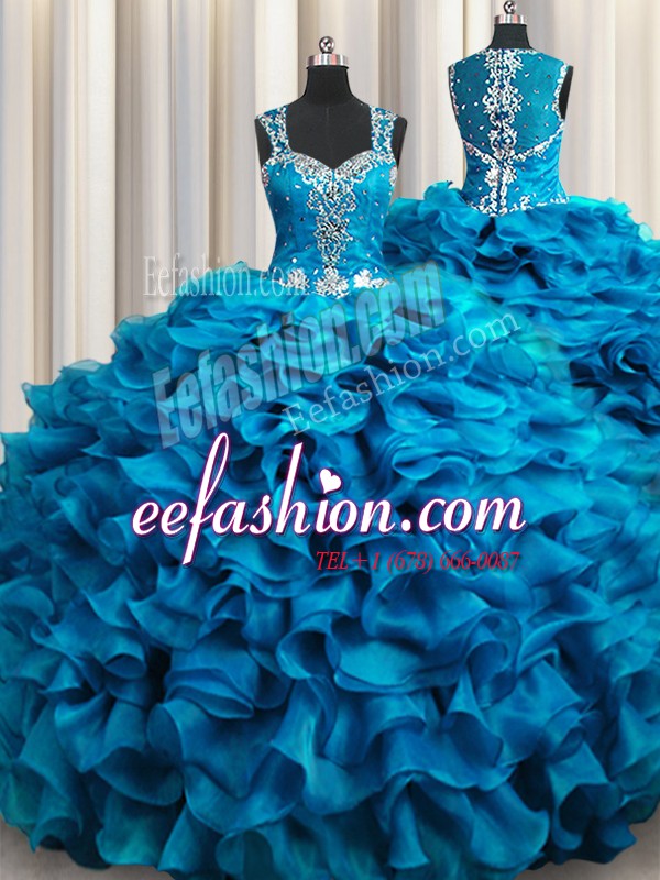  Zipple Up See Through Back Teal Sweet 16 Dresses Military Ball and Sweet 16 and Quinceanera and For with Beading and Ruffles Straps Sleeveless Zipper