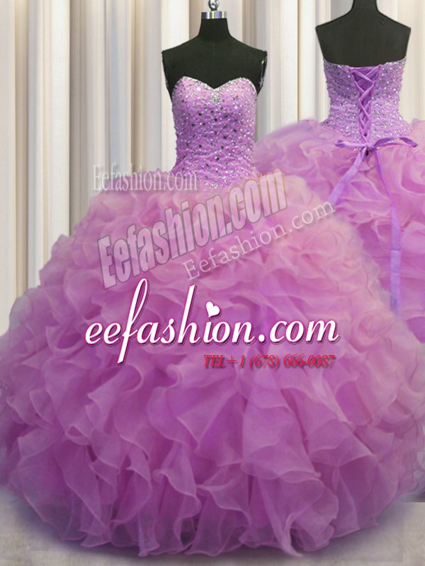 Traditional Lilac Ball Gown Prom Dress Military Ball and Sweet 16 and Quinceanera and For with Beading and Ruffles Sweetheart Sleeveless Lace Up