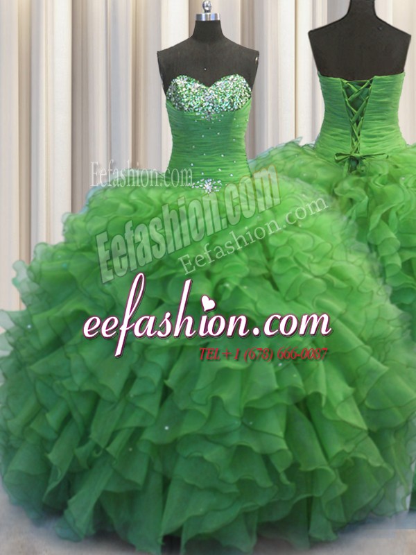  Beaded Bust Floor Length Ball Gowns Sleeveless Green Quinceanera Gowns Lace Up