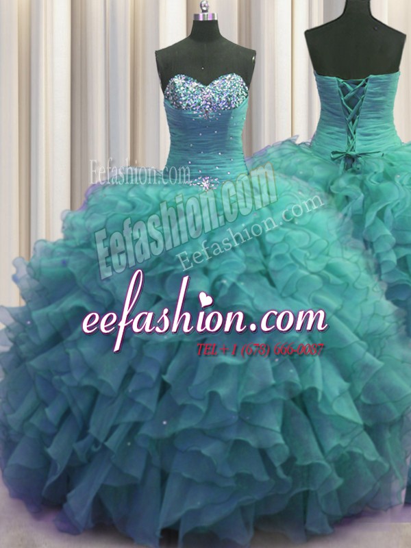 Custom Design Beaded Bust Turquoise Ball Gowns Beading and Ruffles Vestidos de Quinceanera Lace Up Organza Sleeveless Floor Length