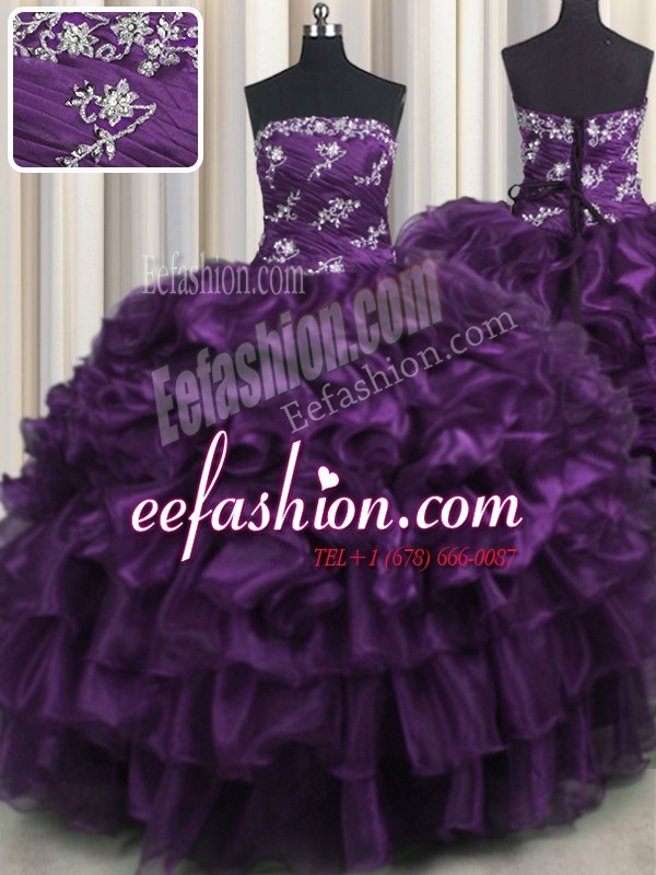 Beautiful Purple Organza Lace Up Strapless Sleeveless Floor Length Sweet 16 Quinceanera Dress Appliques and Ruffles and Ruffled Layers