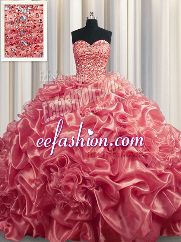  Court Train Watermelon Red Sleeveless With Train Beading and Pick Ups Lace Up Quince Ball Gowns