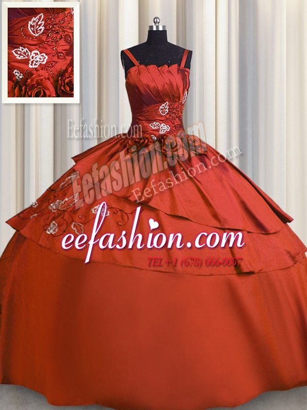 Custom Fit Embroidery Ball Gowns 15 Quinceanera Dress Rust Red Spaghetti Straps Satin Sleeveless Floor Length Lace Up