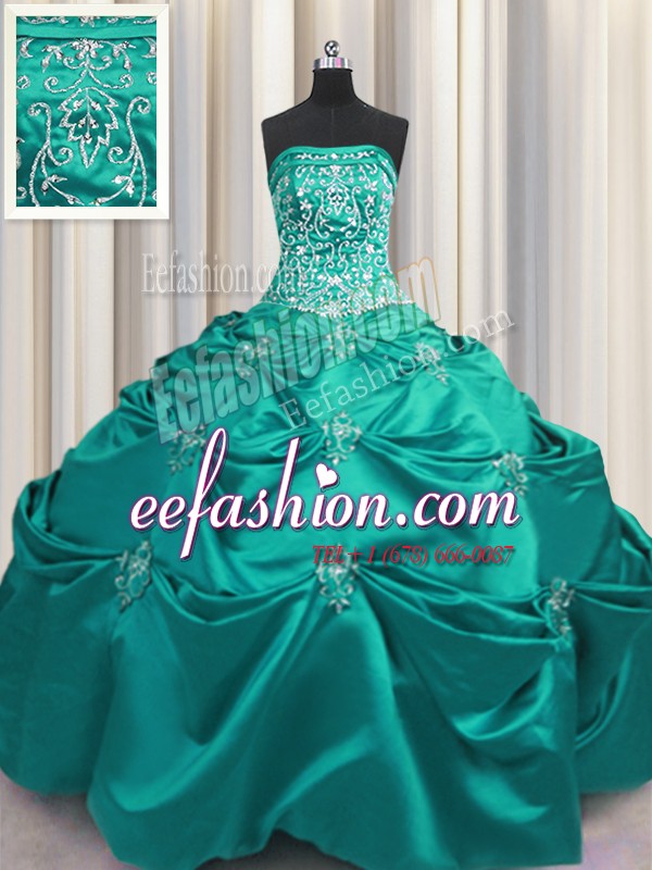Embroidery Ball Gowns Vestidos de Quinceanera Dark Green Strapless Taffeta Sleeveless Floor Length Lace Up