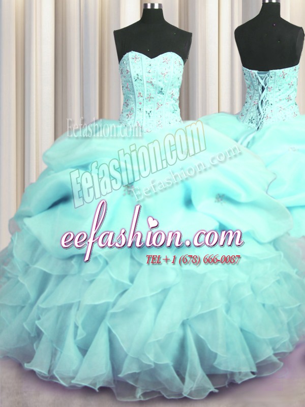 New Arrival Visible Boning Beading and Ruffles and Pick Ups Quince Ball Gowns Aqua Blue Lace Up Sleeveless Floor Length