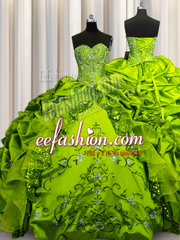 Free and Easy Olive Green Sleeveless Floor Length Beading and Embroidery and Ruffles and Sequins and Pick Ups Lace Up Quinceanera Dresses