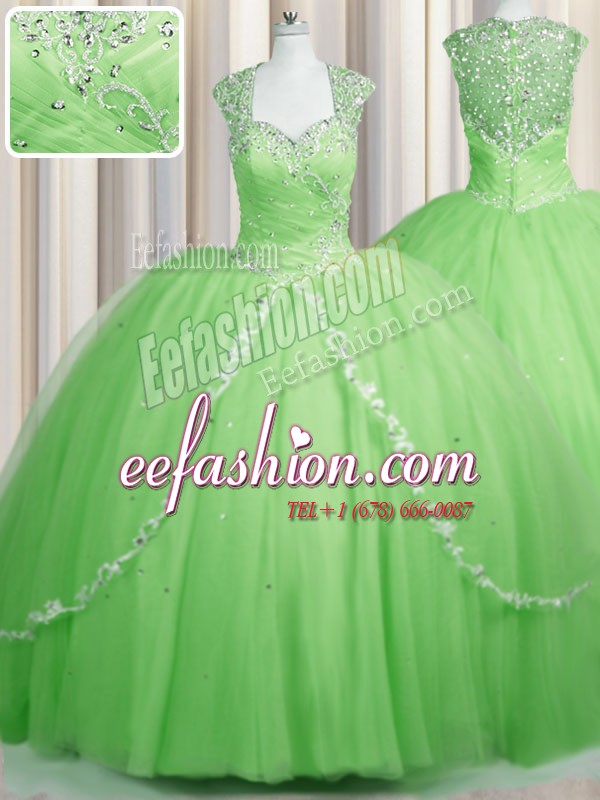 Cheap See Through Tulle Zipper Quinceanera Dress Cap Sleeves With Brush Train Beading and Appliques