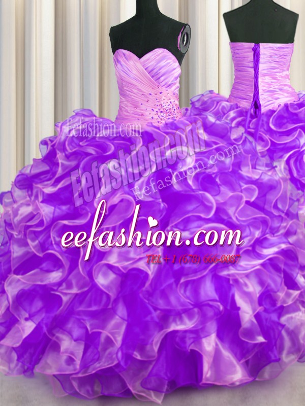  Floor Length Purple Sweet 16 Quinceanera Dress Organza Sleeveless Beading and Ruffles