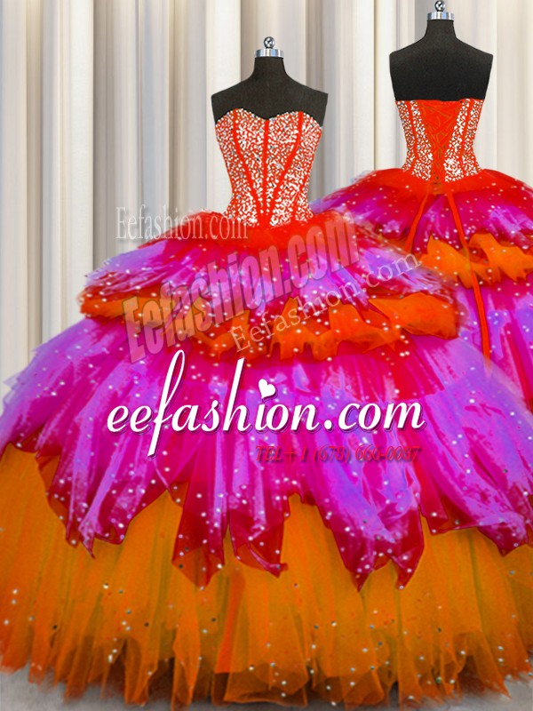  Bling-bling Visible Boning Sweetheart Sleeveless 15 Quinceanera Dress Floor Length Beading and Ruffles and Ruffled Layers and Sequins Multi-color Tulle