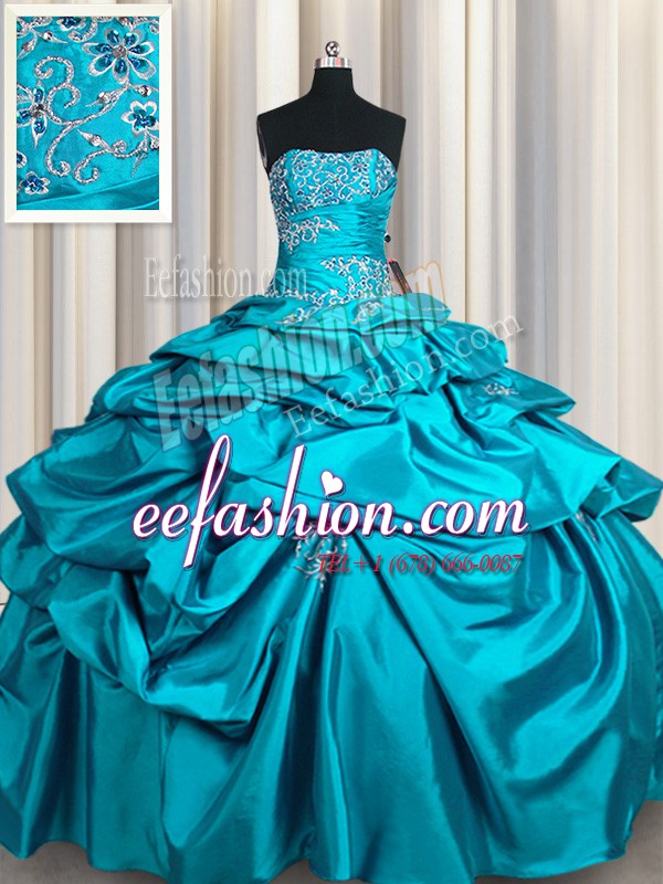 Smart Strapless Sleeveless Taffeta Quinceanera Dress Appliques and Pick Ups Lace Up