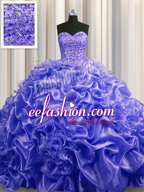  Court Train Purple Sleeveless With Train Beading and Pick Ups Lace Up Quinceanera Dress