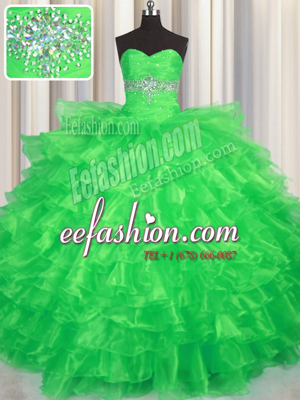  Green Ball Gowns Sweetheart Sleeveless Organza Floor Length Lace Up Beading and Ruffled Layers Quinceanera Dresses