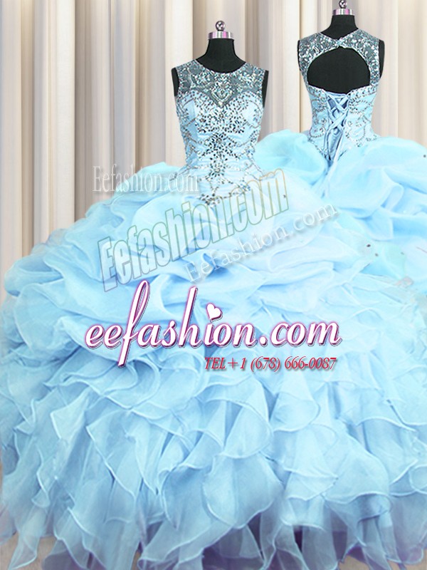 Custom Made Scoop See Through Light Blue Ball Gowns Beading and Ruffles and Pick Ups Sweet 16 Quinceanera Dress Lace Up Organza Sleeveless Floor Length