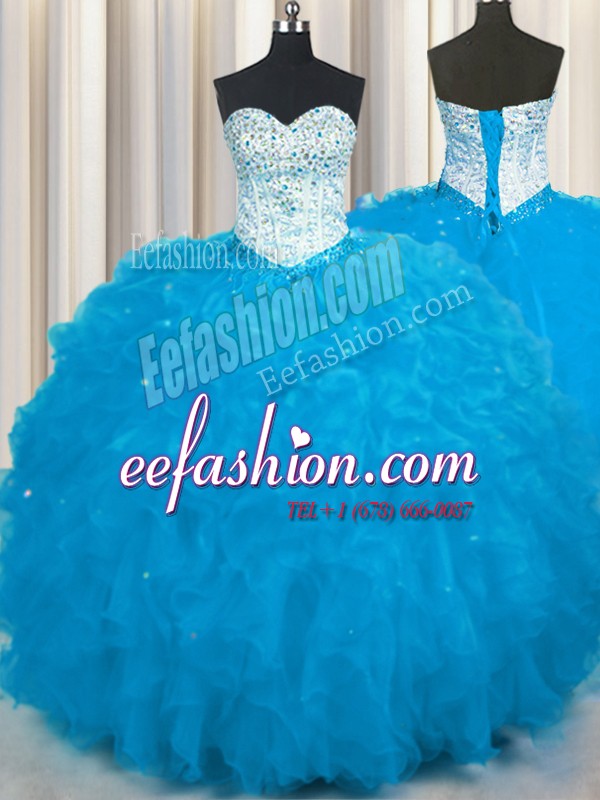 Baby Blue Ball Gowns Tulle Sweetheart Sleeveless Beading and Ruffles Floor Length Lace Up Sweet 16 Dress