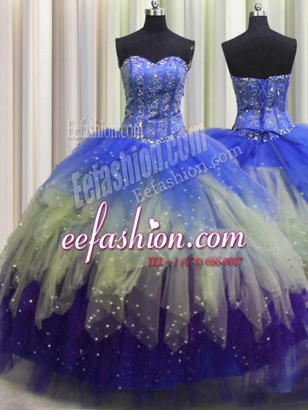 Custom Designed Visible Boning Multi-color 15 Quinceanera Dress Military Ball and Sweet 16 and Quinceanera and For with Beading and Ruffles and Sequins Sweetheart Sleeveless Lace Up