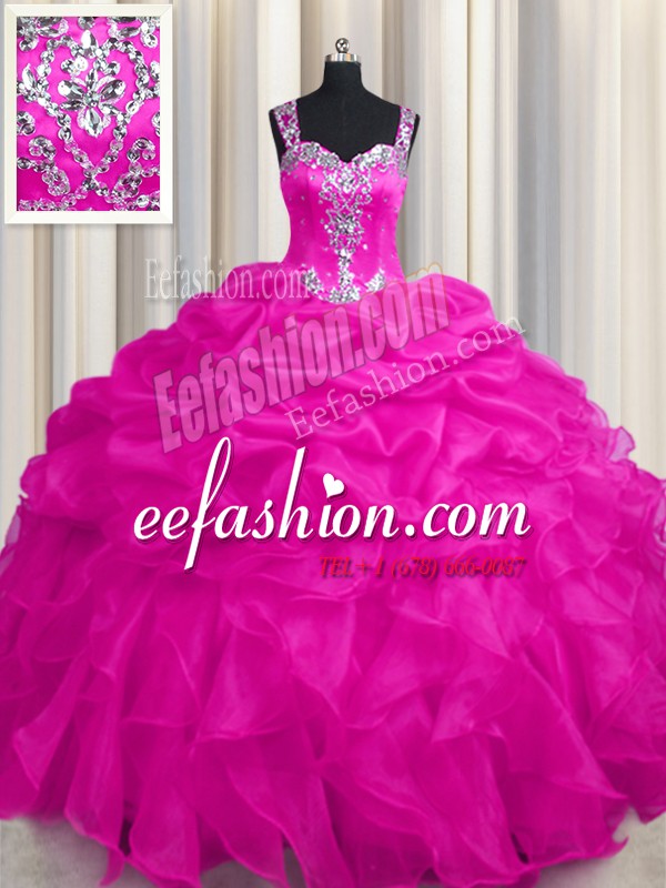 Hot Selling See Through Zipper Up Organza Straps Sleeveless Zipper Appliques and Ruffles and Ruffled Layers Quinceanera Dresses in Hot Pink