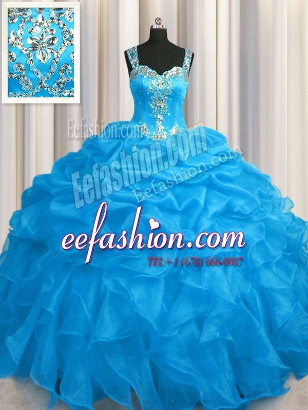  See Through Zipper Up Blue Straps Zipper Appliques and Ruffles 15th Birthday Dress Sleeveless