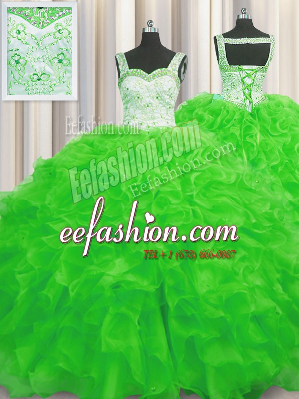 Luxury Organza Lace Up Straps Sleeveless Floor Length Sweet 16 Dresses Beading and Ruffles
