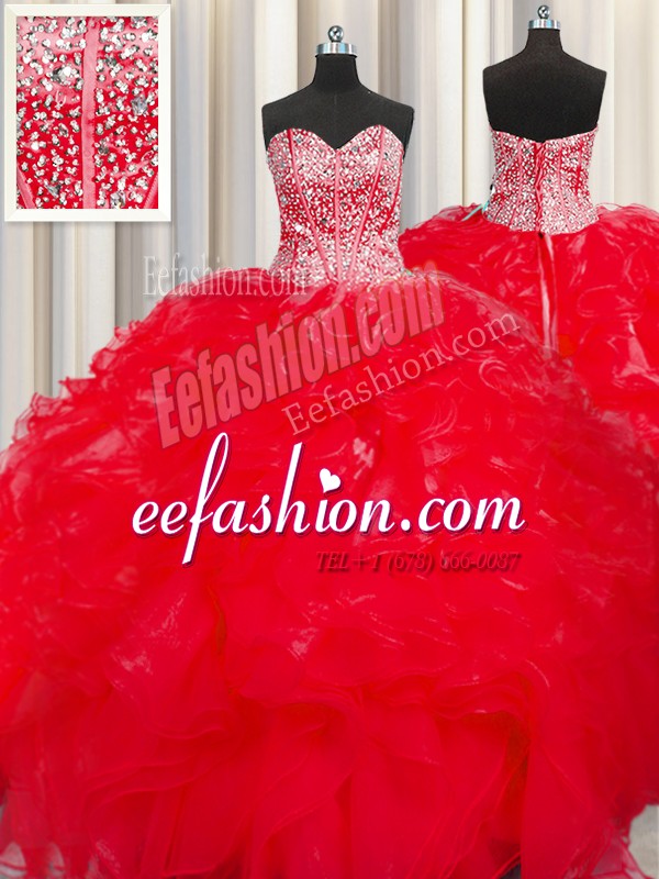 Colorful Visible Boning Beaded Bodice Red Sleeveless Beading and Ruffles Floor Length Quince Ball Gowns