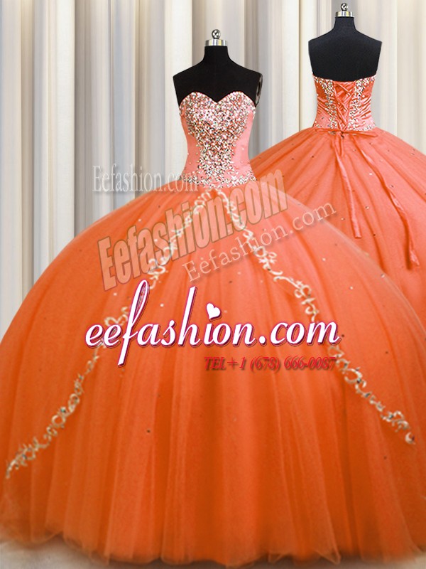  Orange 15 Quinceanera Dress Sweetheart Sleeveless Brush Train Lace Up